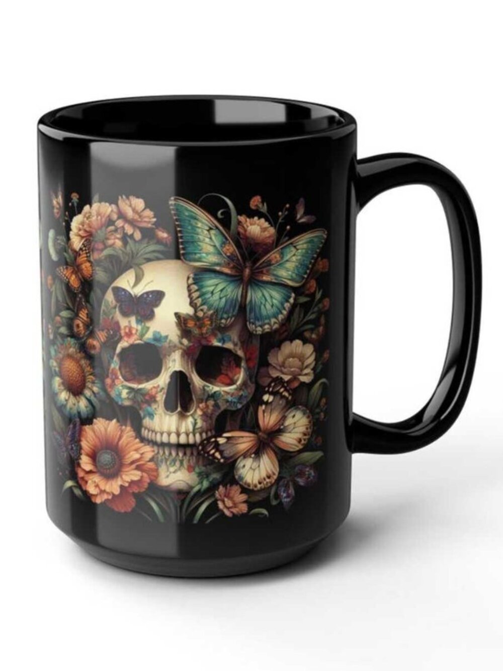 Floral Skull Mug Skull and Butterflies Black Coffee Mug